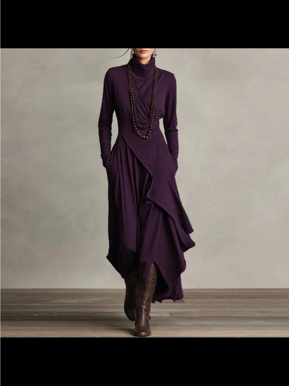 Turtleneck Long-Sleeve Maxi Dress in Deep Wine purple